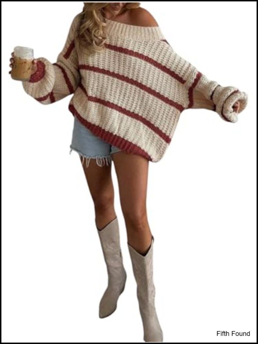 Off The Shoulder Striped Sweater Long Sleeve Loose Fit Pullover